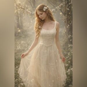 Vtg Ivory Corset Dress Lace-Up Bodice Basque Fairycore Romantic Gown Size XS/S